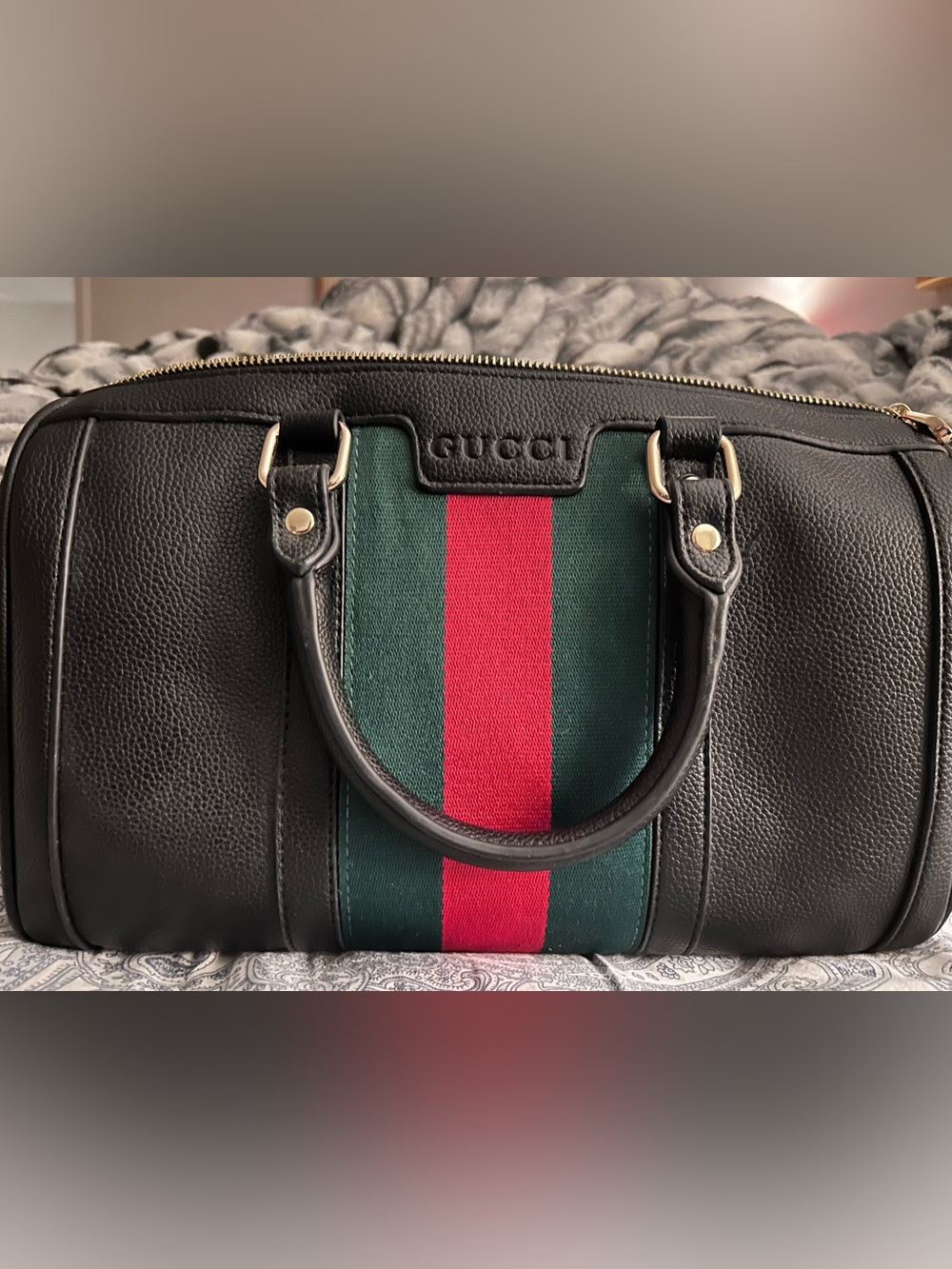 Gucci Black Leather Messenger Bag with Green and Red Web Stripe